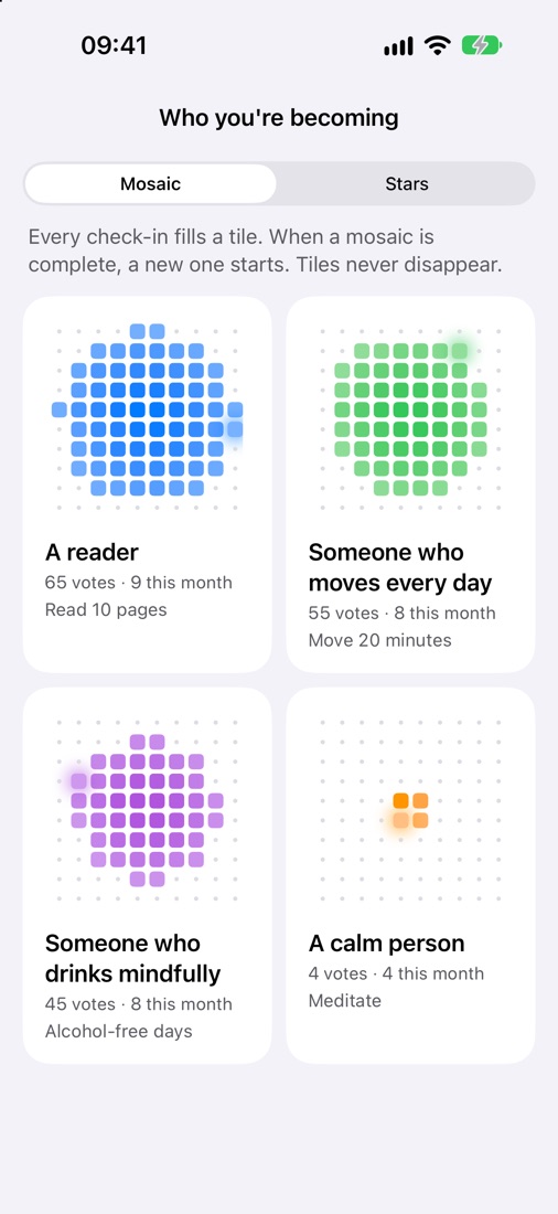Who you're becoming: Mosaic: One tile per vote. Tiles never disappear.