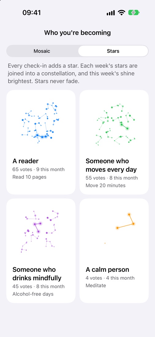 Who you're becoming: Stars: Each week's votes join into a constellation.