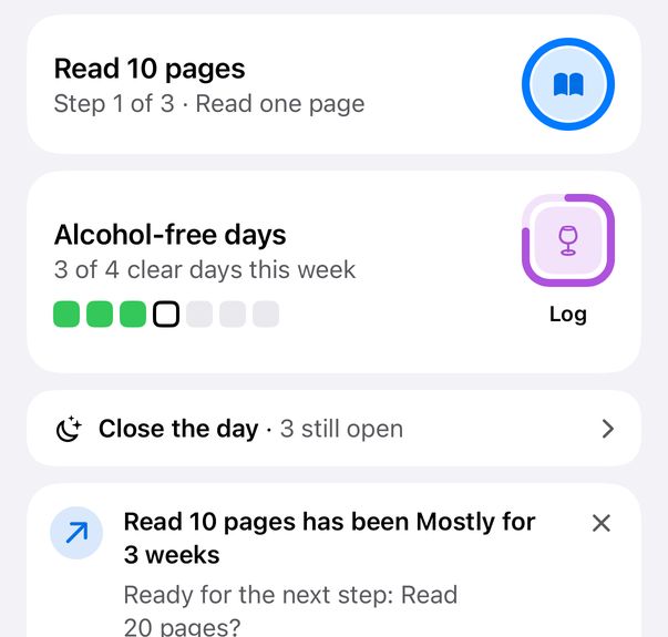 Today: Read 10 pages shows Step 1 of 3, Read one page, and a card offering the next step, Read 20 pages